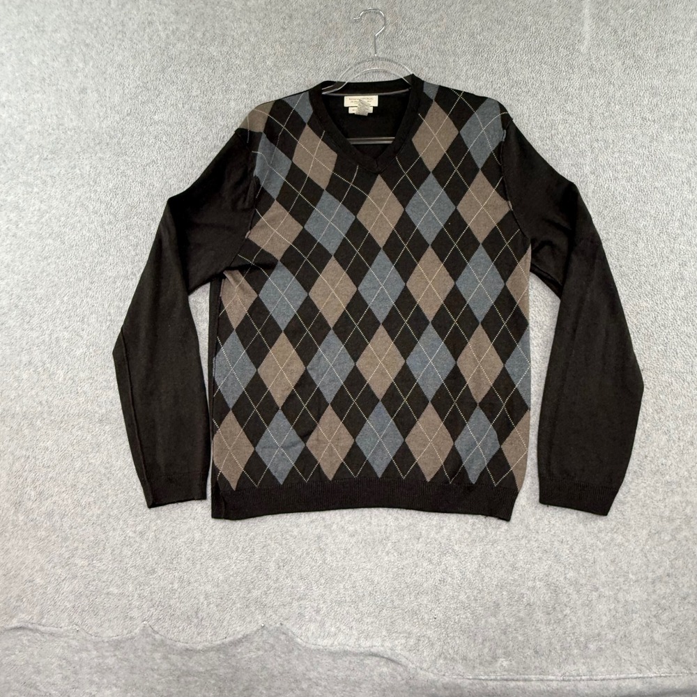 Banana Republic V-Neck Sweater Mens M Brown Argyle Silk Cashmere Blend